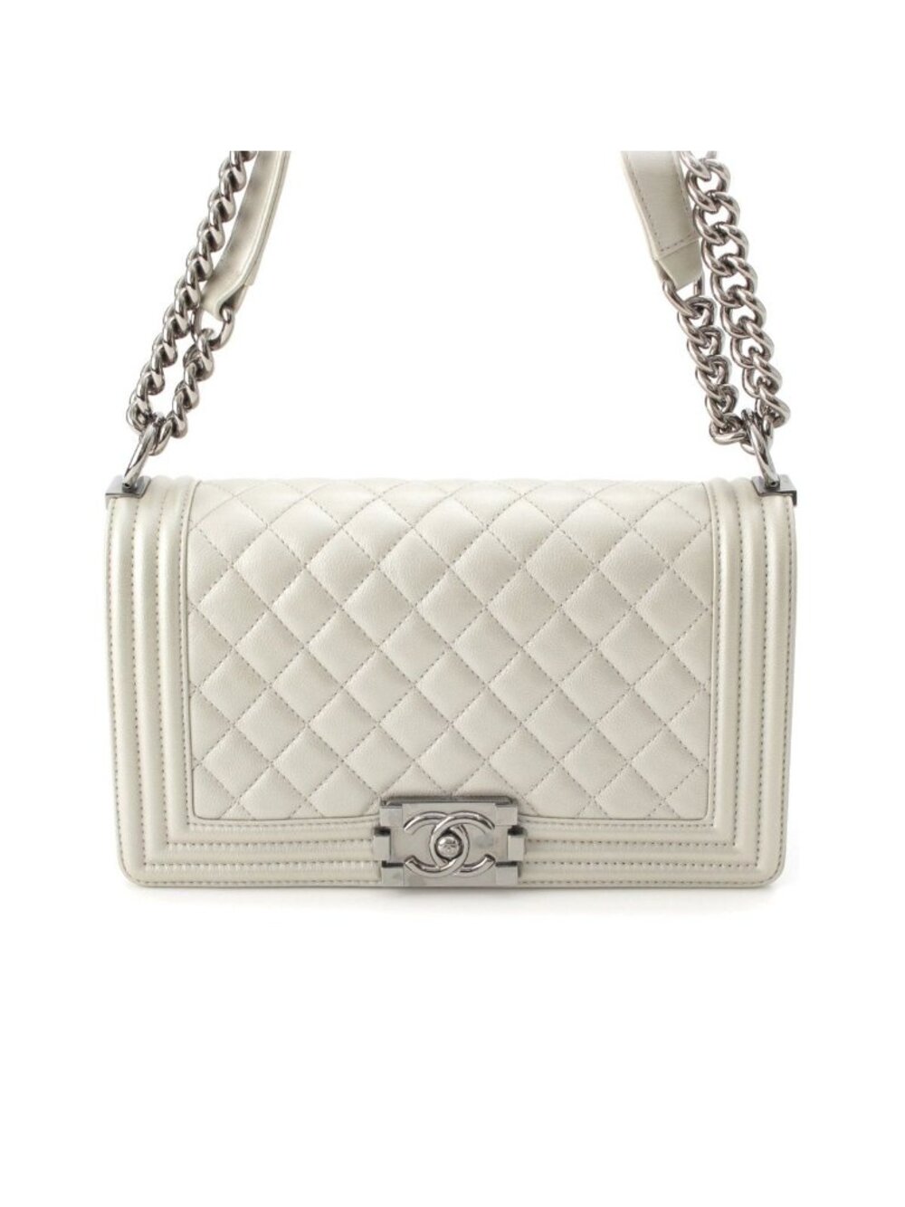 Chanel Boy 25 Caviar Leather Chain Shoulder Bag Silver